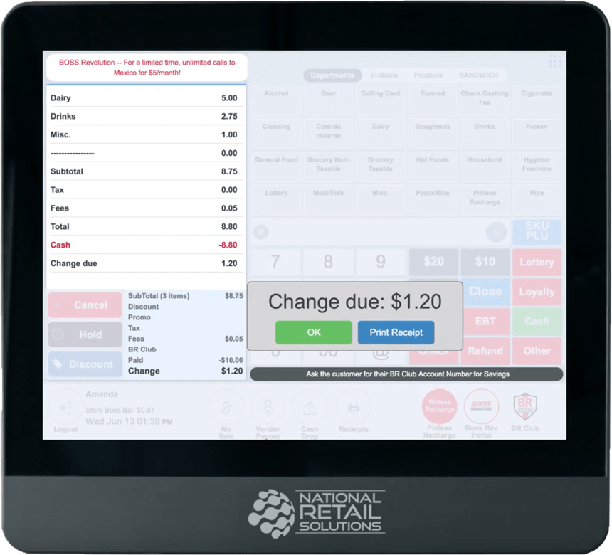 POS system register screen showing total due